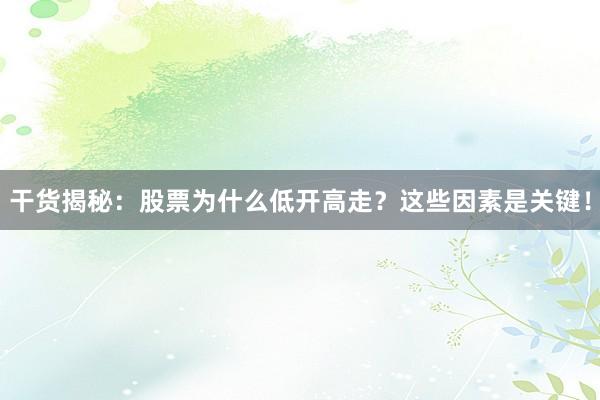干货揭秘：股票为什么低开高走？这些因素是关键！