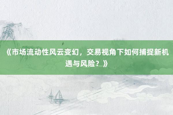 《市场流动性风云变幻，交易视角下如何捕捉新机遇与风险？》