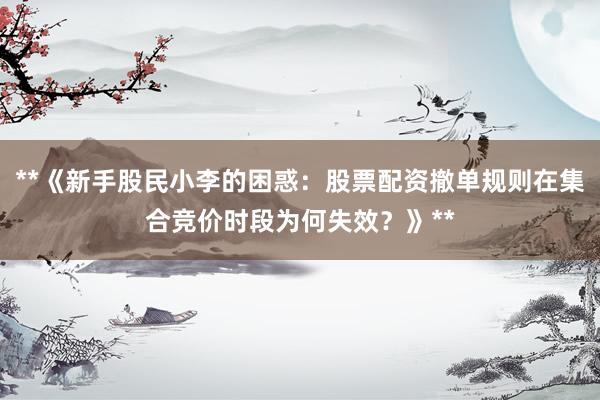 **《新手股民小李的困惑：股票配资撤单规则在集合竞价时段为何失效？》**